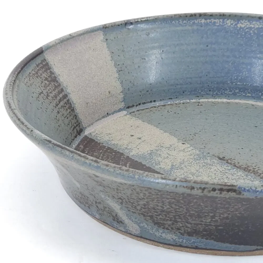 Vtg Studio Art Pottery Serving Bowl Stoneware Blue Gray Earthy Rustic Signed 11